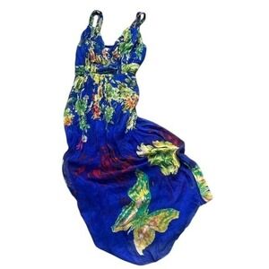 100% Silk Floral Maxi Dress Blue Yellow Butterfly Print Sz M